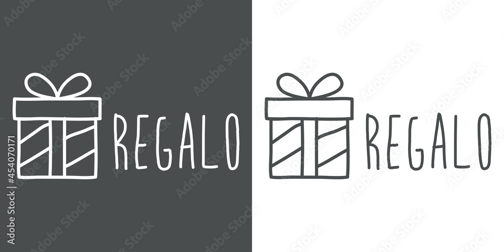 Logotipo con texto manuscrito Regalo en español escrito a mano con silueta de caja de regalo con lineas en fondo gris y fondo blanco