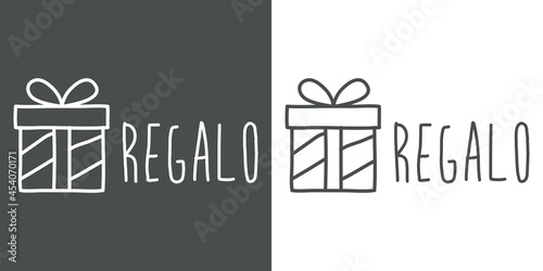 Logotipo con texto manuscrito Regalo en español escrito a mano con silueta de caja de regalo con lineas en fondo gris y fondo blanco