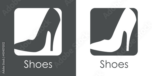 Tienda de zapatos. Logotipo con texto Shoes con silueta de zapato de mujer de tacón alto en cuadrado en fondo gris y fondo blanco