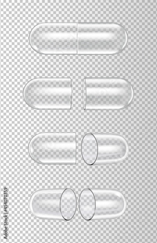 A set of different transparent capsules on a transparent background. Vector illustration