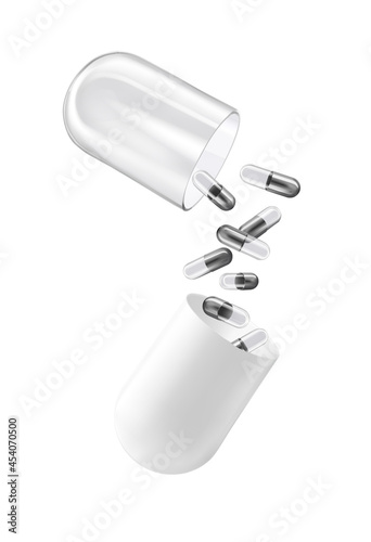 Open capsule with small silver capsules on a white background. Vector illustration
