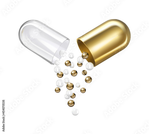 Opened gold capsule with transparent half and falling balls. Vector illustration