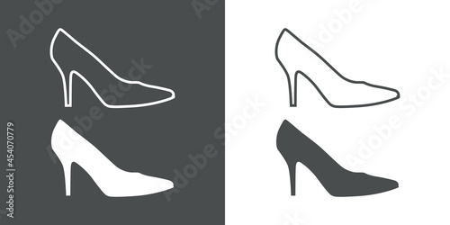 Tienda de zapatos. Logotipo con silueta de zapatos de mujer de tacón alto lineal y relleno en fondo gris y fondo blanco