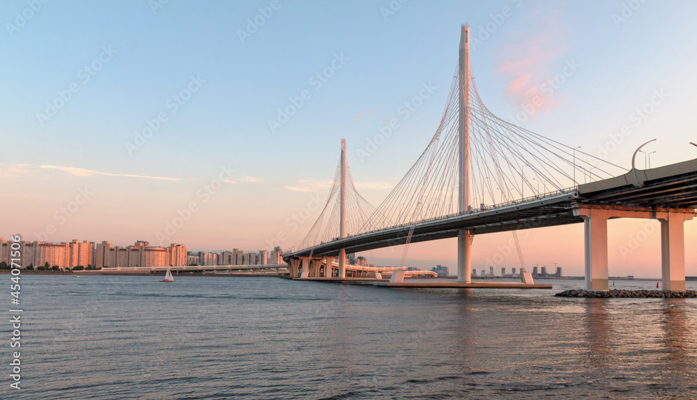 View of the cable bridge through the western high-speed diameter. Saint Petersburg, Russia