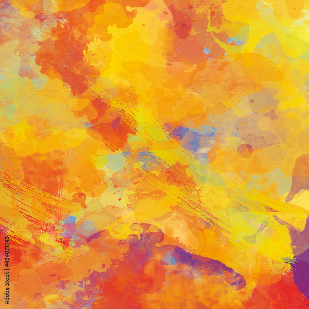Watercolor chaotic orange, yellow, violet color background. Impressive colorful splash painting