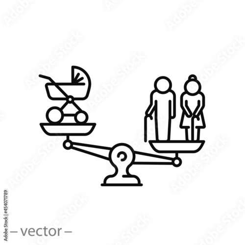 demographic problem icon, decline birthrate, growth pension people or old, thin line symbol on white background - editable stroke vector eps10
