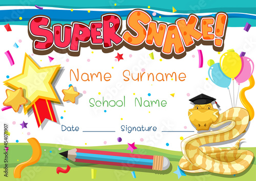 Diploma or certificate template for school kids with super snake © blueringmedia
