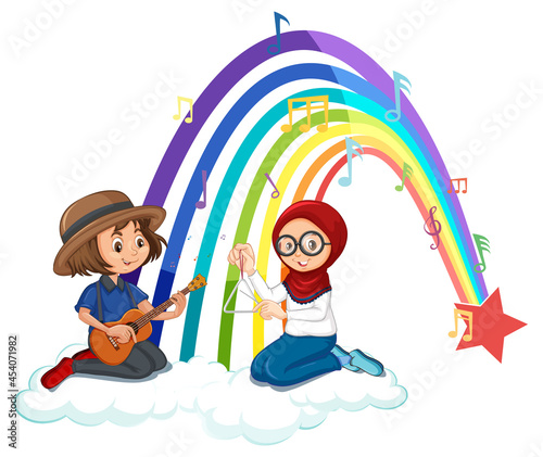 Two kids playing guitar and maracas with rainbow