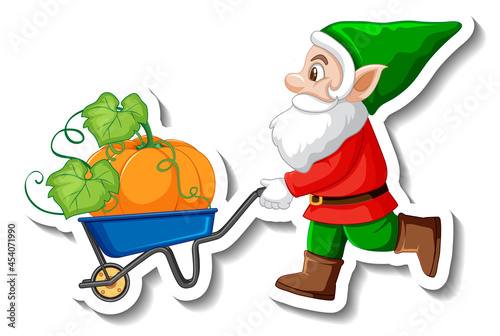 A sticker template with garden gnome and pumpkin in wheelbarrow