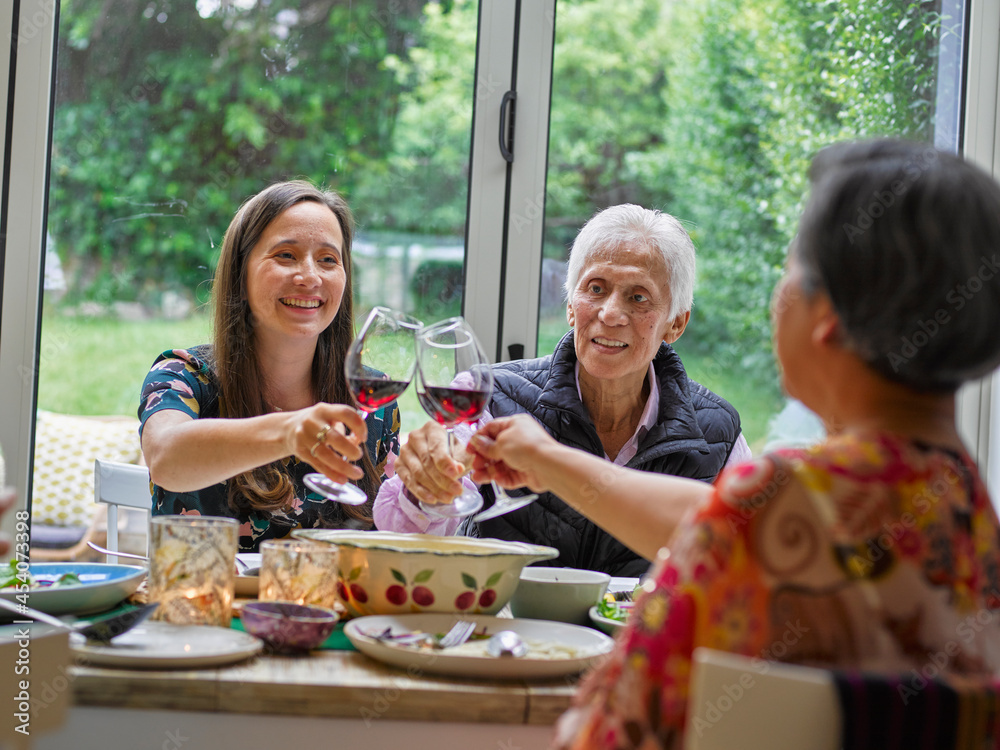 Family toasting with red wine at dinner table