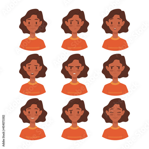Young dark skin woman different emotions. Angry, smile, sad, surprised, unhappy. Set of girl face expressions. Avatar girl emoji. Cartoon flat character design for animation