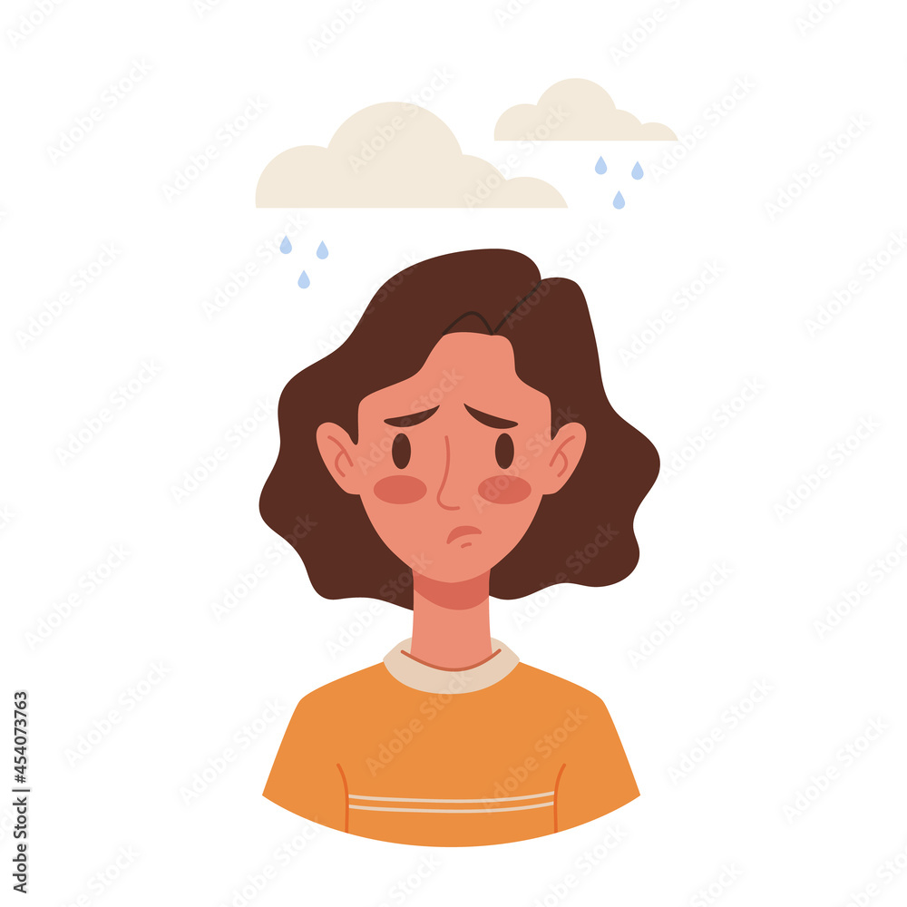 Young woman mental health disorder problems. Sad, unhappy, depressed, upset. Face expressions. Avatar girl emoji. Cartoon flat character for animation. PMS, anxiety, fear, stress
