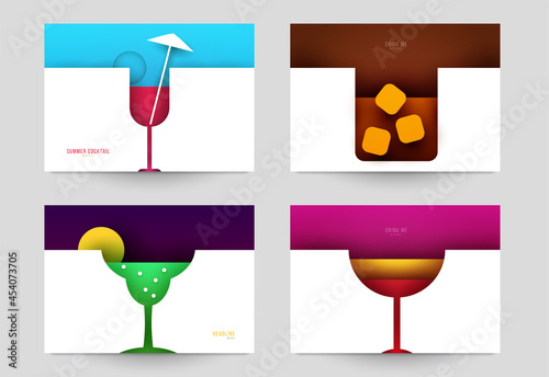 Set of abstract silhouette cocktails with alcohol or juice in minimalistic geometric flat style. Creative colorful composition. Concept for branding menu, cover, flyer, banner. Vector illustration.