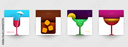 Set of abstract silhouette cocktails with alcohol or juice in minimalistic geometric flat style. Creative colorful composition. Concept for branding menu, cover, flyer, banner. Vector illustration.