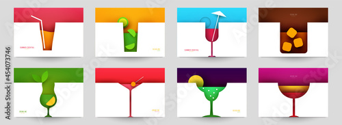 Set of abstract silhouette cocktails with alcohol or juice in minimalistic geometric flat style. Creative colorful composition. Concept for branding menu, cover, flyer, banner. Vector illustration.