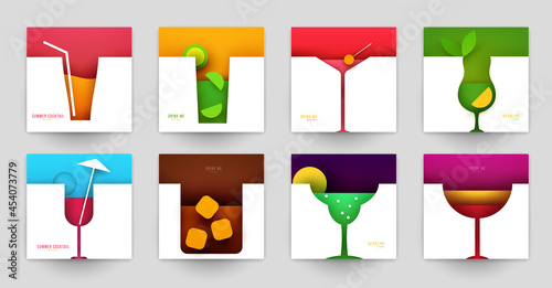 Set of abstract silhouette cocktails with alcohol or juice in minimalistic geometric flat style. Creative colorful composition. Concept for branding menu, cover, flyer, banner. Vector illustration.