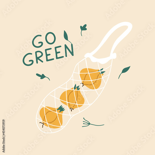 Wallpaper Mural Zero waste lifestyle. No plastic. Eco friendly shopping bag with onion, reusable string bag with fresh vegetable. Nature protection banner, stickers, poster. Go green, no plastic concept. Local market Torontodigital.ca