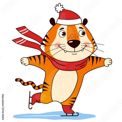 Fototapeta Naklejka Na Ścianę i Meble -  Cute cartoon ice skating tiger in a red hat and a scarf. The symbol of the 2022. Chinese New Year. Vector illustration