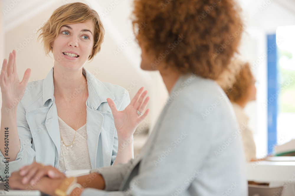 Fototapeta premium Women using laptop in office and smiling