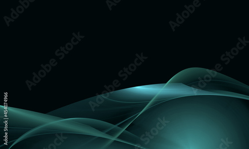 Abstract glowing turquoise 3d waves or curves in the bottom of black background. Sci fi or technology concept. Great as banner, background, wallpaper, design fragment or cover blank.