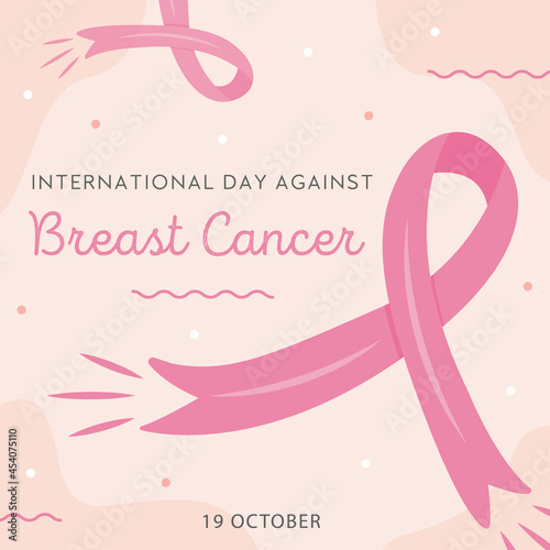 International Day Against Breast Cancer card. Vector square banner template for mammary cancer solidarity campaign with pink cartoon ribbons. Illustration in flat style.