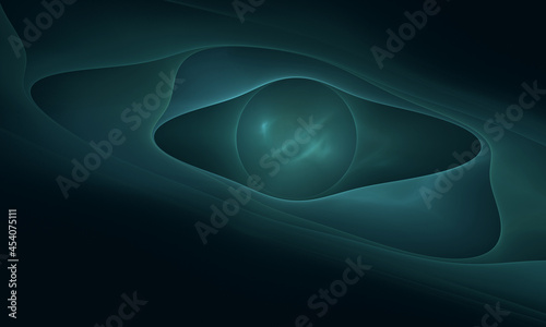 Abstract 3d digital illustration of cosmic eye, inner viewer or observer in turquoise hues glowing in dark. Objective and subjective concept. Sci fi, meditation, quantum field artistic representation.
