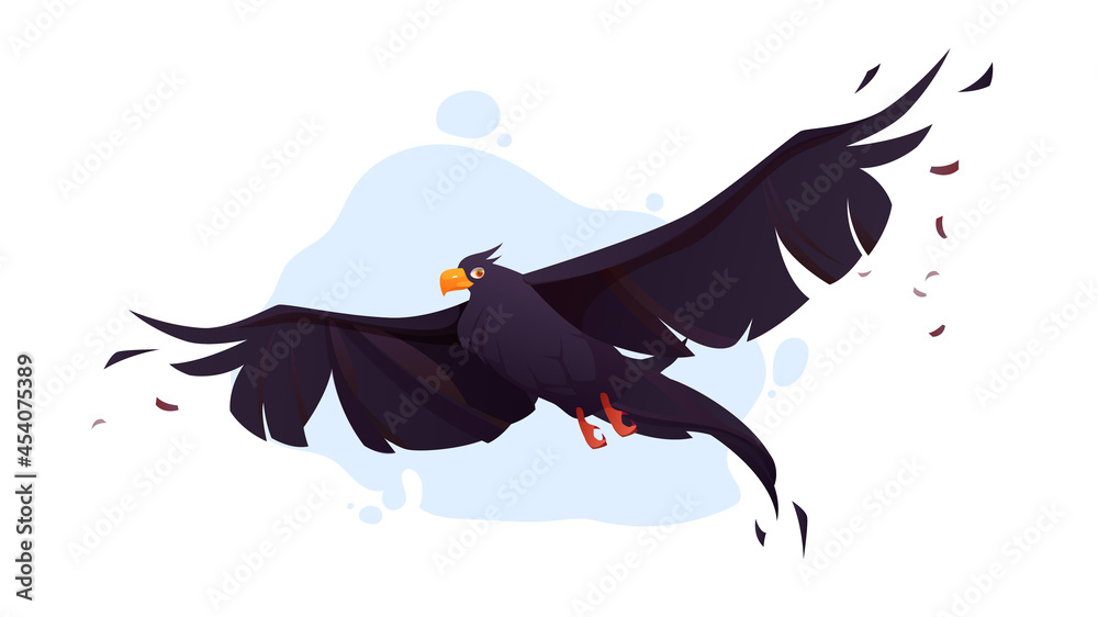 Fototapeta premium Crow with black wings fly in blue sky. Vector cartoon illustration of flying wild raven, bird with black feathers and orange beak in flight isolated on white background