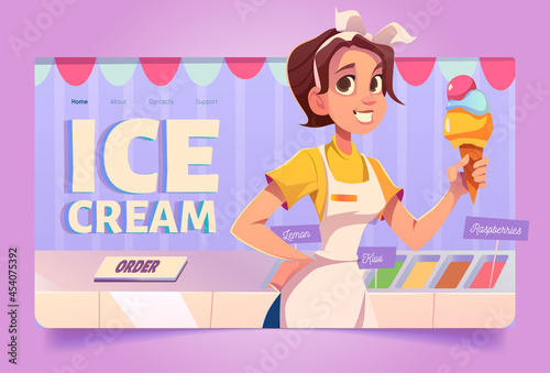 Ice cream banner with girl seller in cafe with fridge. Vector landing page of gelateria with different gelato in refrigerator. Cartoon illustration of woman with fruit sundae in waffle cone