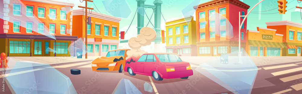 Car accident on crossroad of city street. Vector cartoon illustration of auto crash. Cityscape with buildings, road, broken vehicles after collision and glass shards