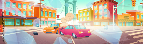 Fototapeta Naklejka Na Ścianę i Meble -  Car accident on crossroad of city street. Vector cartoon illustration of auto crash. Cityscape with buildings, road, broken vehicles after collision and glass shards