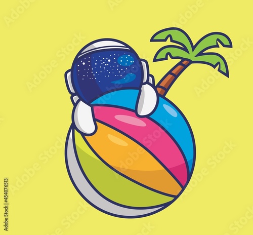 cute astronaut in colorful ball planet with coconut tree. cartoon animal travel holiday vacation summer concept Isolated illustration. Flat Style suitable for Sticker Icon Design Premium Logo vector. 