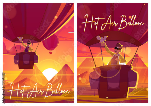 Hot air balloon posters with man and dove fly above fields in mountain valley at sunset. Vector flyers with cartoon evening landscape and flying colorful airships with person in sunglasses in basket