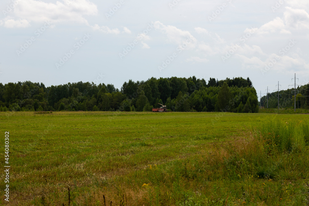 a field in August, an agricultural tractor is visible in the distance