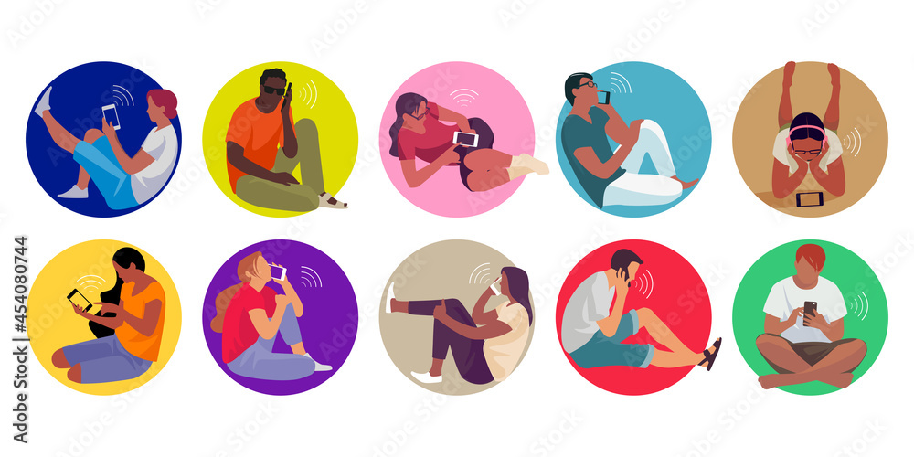 Young People with Smartphones Set. Boy and girl talking and typing on Phone. Male and female Characters. Flat Cartoon Vector Illustration. Young People with Smartphones Set. Boy and girl talking and typing on Phone. Male and female Characters. Flat Cartoon Vector Illustration.