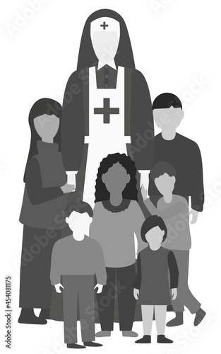 Sister of Mercy and orphans. World Orphans Day. Retro portrait. Group of multi-ethnic children standing with nun. Old photo Colorless vertical vector illustration. Isolated on white background