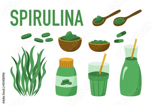 Set of vector elements spirulina alga. Spirulina powder, spirulina algae, pills, tablets, cocktails. Organic superfood isolated on white background.