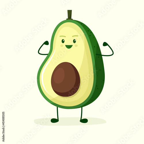 Avocado character strong champion. Flat style. Vector illustration