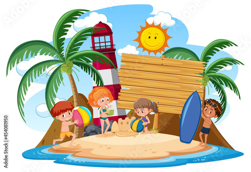 Empty banner template with kids character on summer vacation at the beach on white background © brgfx