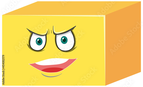 Cuboid cartoon character with face expression on white background
