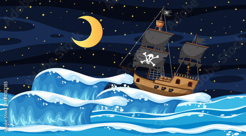 Ocean with Pirate ship at night scene in cartoon style