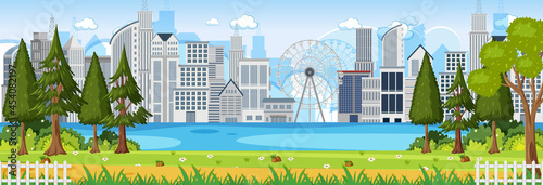 Park horizontal scene with cityscape background at day time
