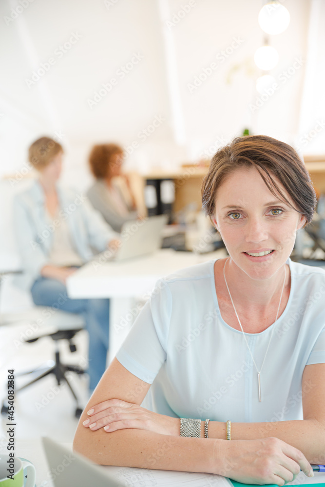 Portrait of woman sitting at desk with laptop in office Portrait of woman sitting at desk with laptop in office