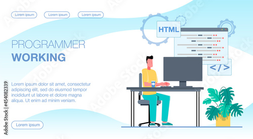 Programmer working. The programmer works on the computer. A man sits at his desk, above him windows with program code. Flat vector illustration.
