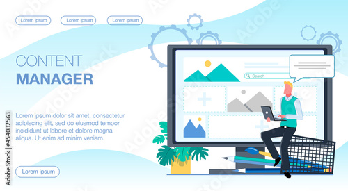 The content manager fills the website with information. A man sits on a stationery glass with pencils and brushes and holds a laptop. Flat vector illustration.