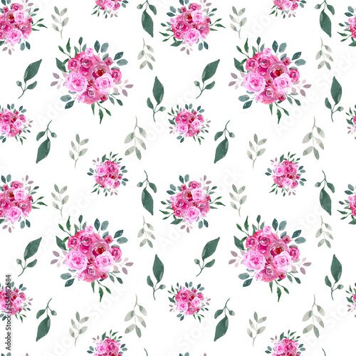 Seamless floral design in watercolor style. Seamless pattern of pink rose and greenery