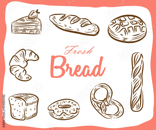 Vector card design with drawn baking illustration. Bakery or bakehouse menu.