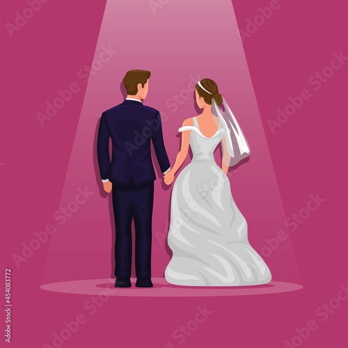 Fototapeta Naklejka Na Ścianę i Meble -  Wedding couple holding hand underspotlight from back view.  bridal wedding event cartoon illustration vector