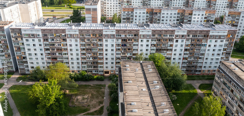 Above view of residential area in city. Multi-storey panel buildings. photo