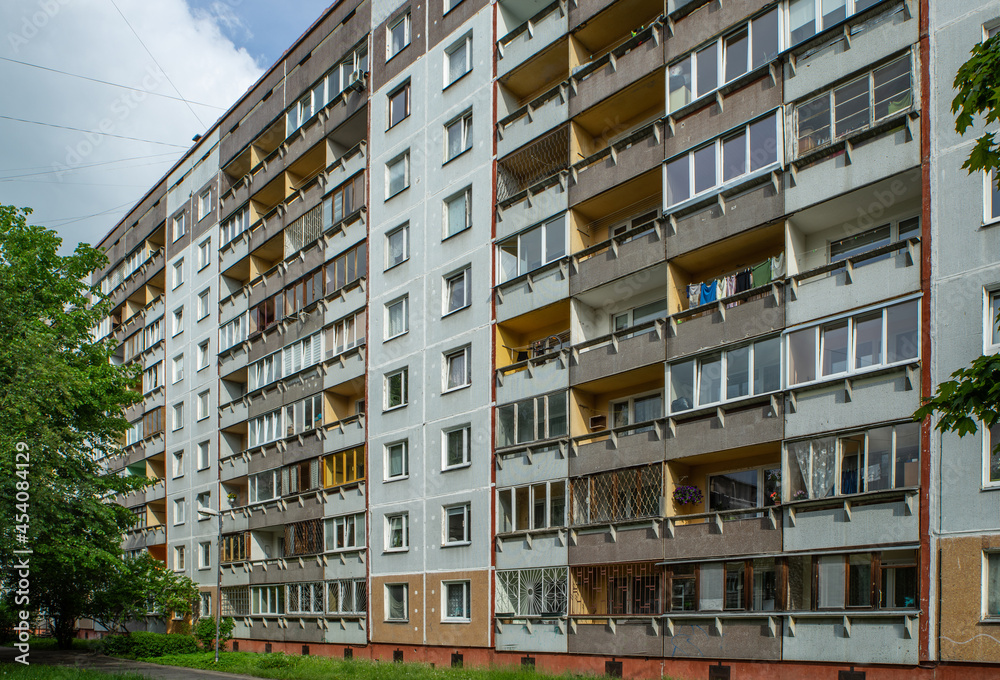 Multi-storey panel residential building.Post-soviet urban architecture