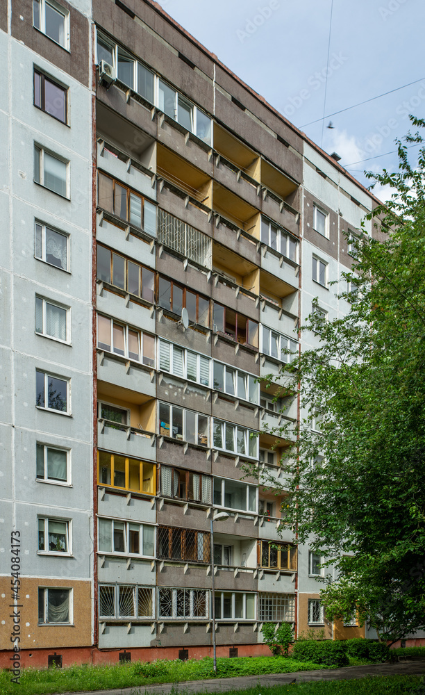 Multi-storey panel residential building.Post-soviet urban architecture